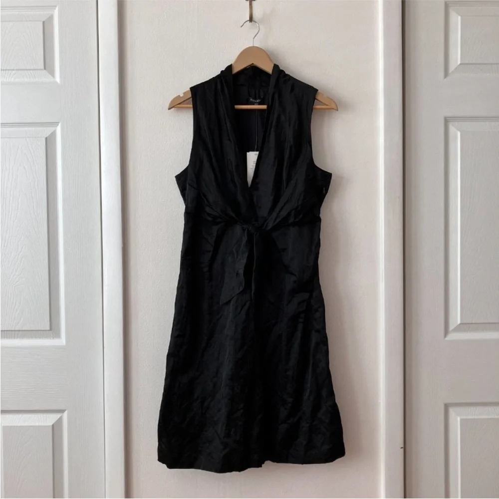 NWT Eileen Fisher Black Steel Satin V-Neck Sleeveless Front Tie Dress Size 6 - Picture 2 of 8